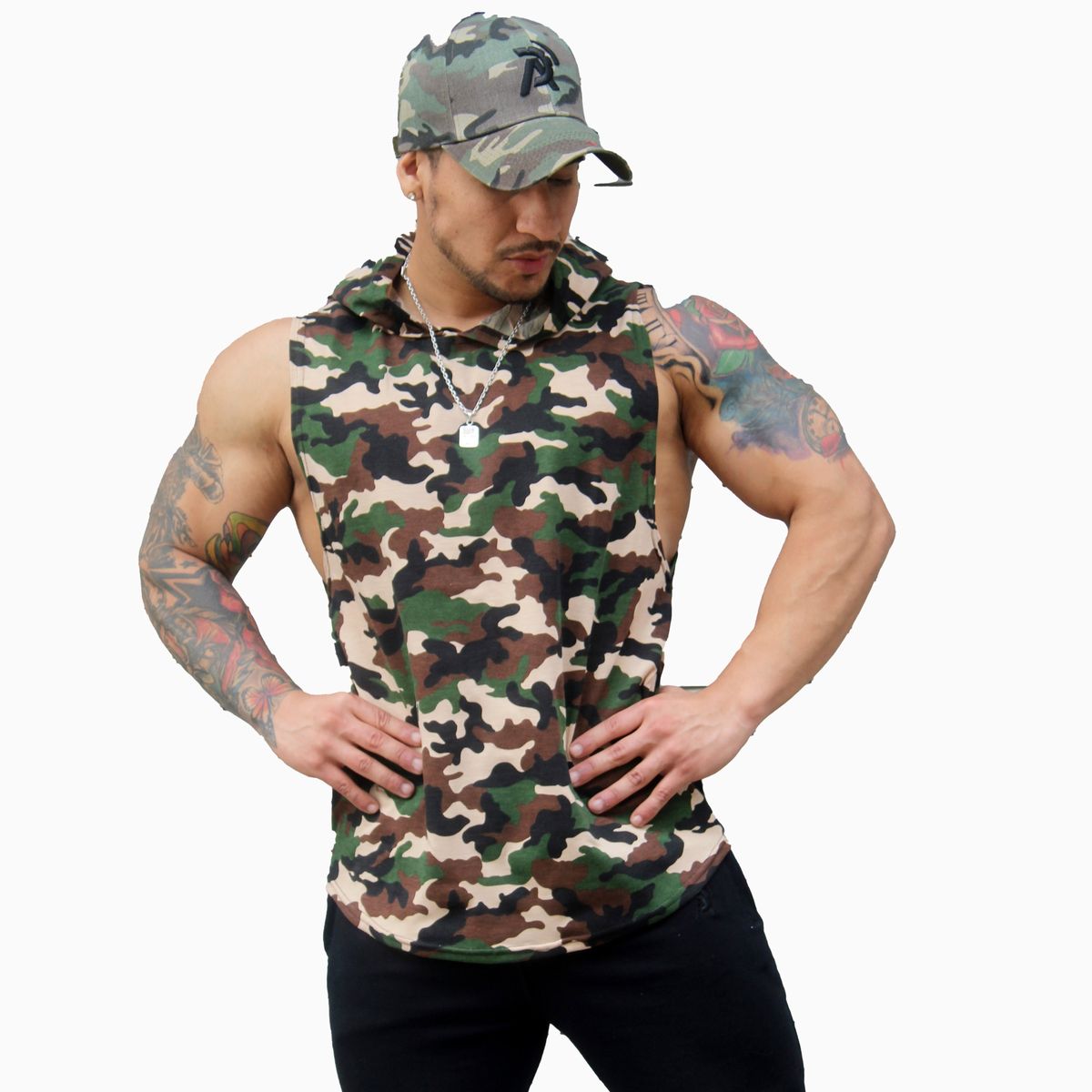 GENERICO - Polera Musculosa con capucha lisa militar