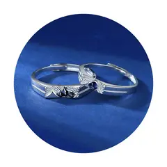 ZG JOYAS - Anillos Plata 925 Ajustable Pareja Montaña y Mar Baño Oro Blanco