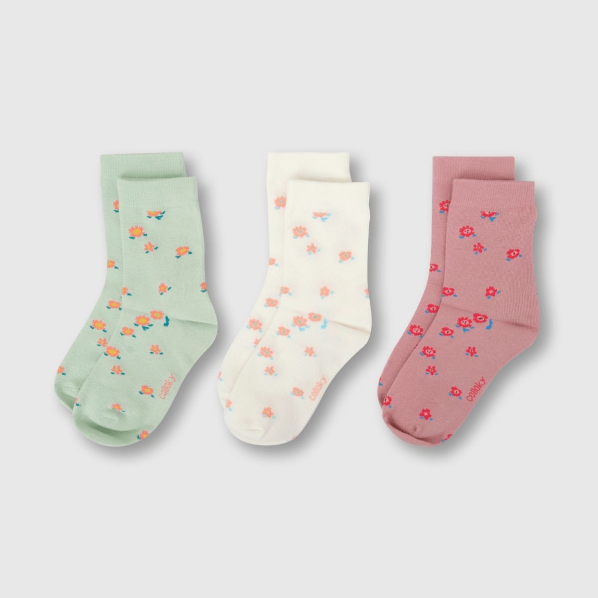 COLLOKY - Calcetin de niña 3 pack flores (3 a 10 años) Rosa 30-33