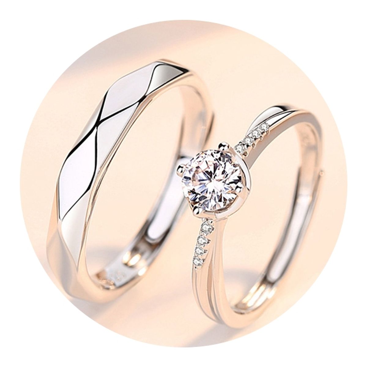ZG JOYAS - Anillos Plata 925 Ajustables Circón Pareja Compromiso Baño Oro Blanco