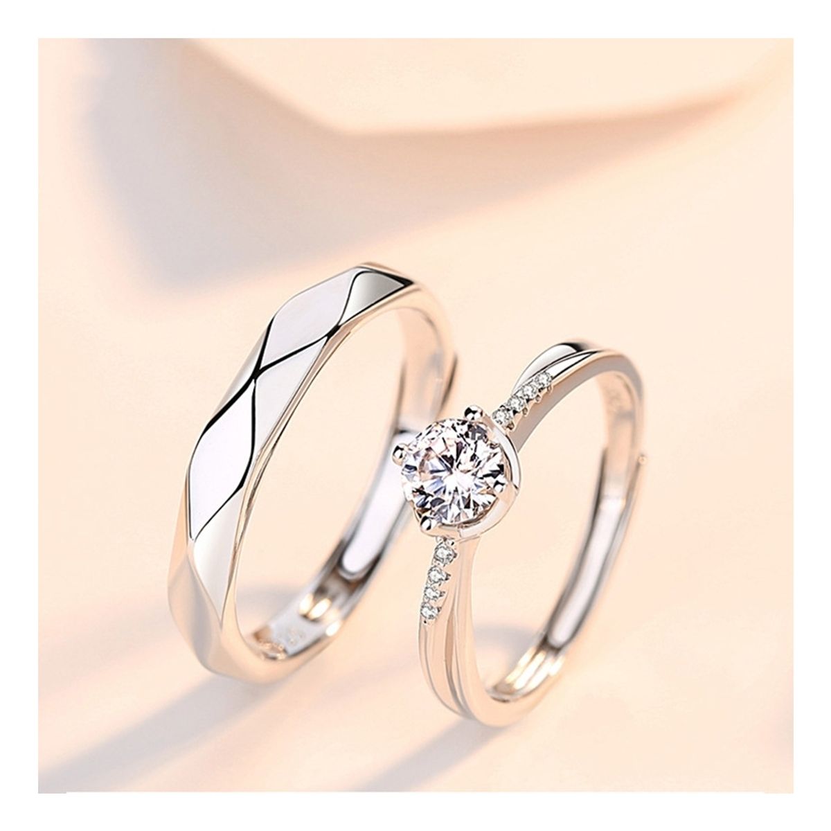 ZG JOYAS - Anillos Plata 925 Ajustables Circón Pareja Compromiso Baño Oro Blanco