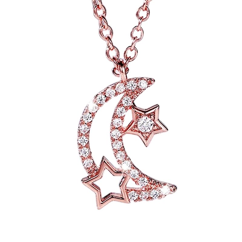 LUXURYJOYAS - Collar Luna Estrellas Oro Rosa 18kt Cristales