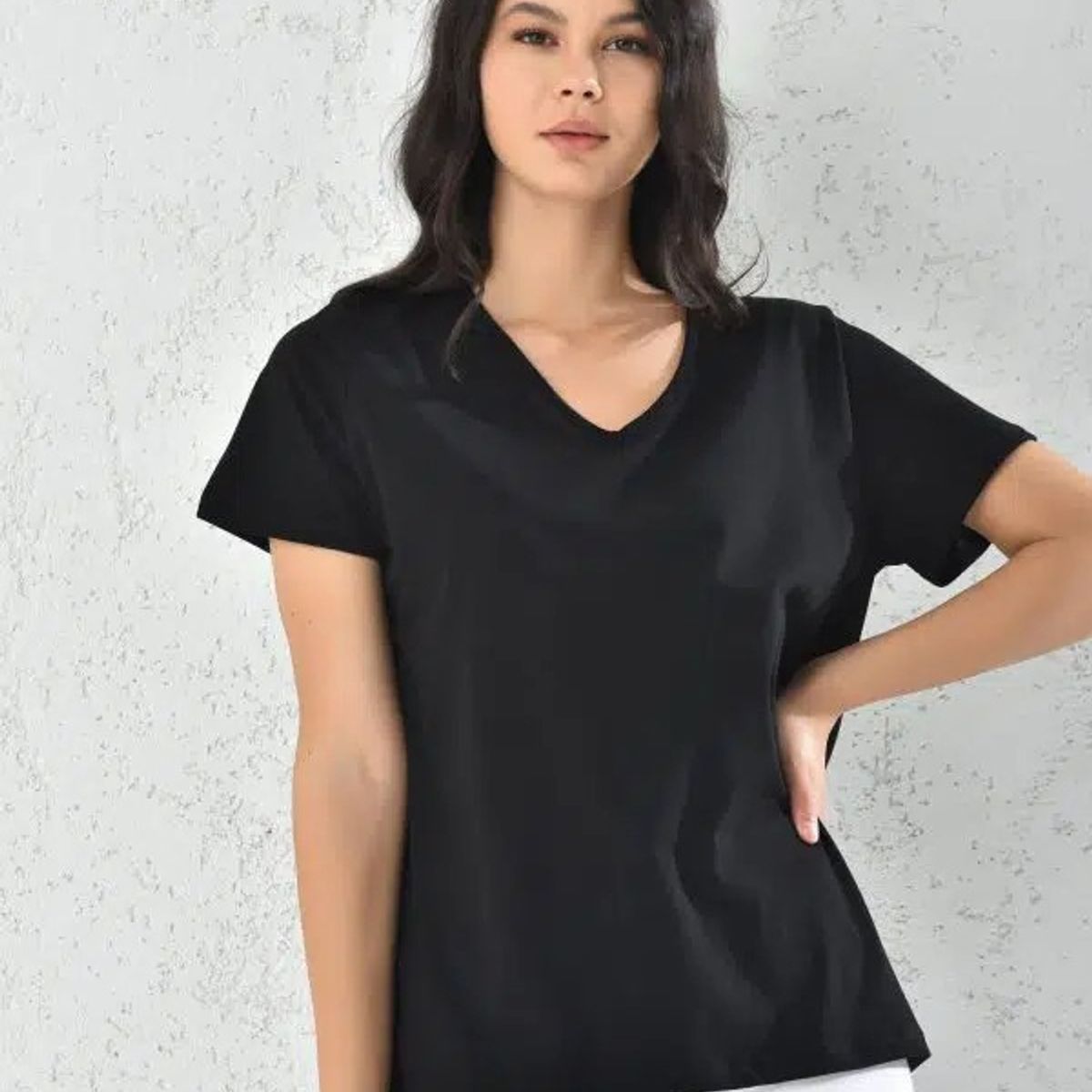 MROTTO - Polera Mujer Cuello V Algodon Manga Corta
