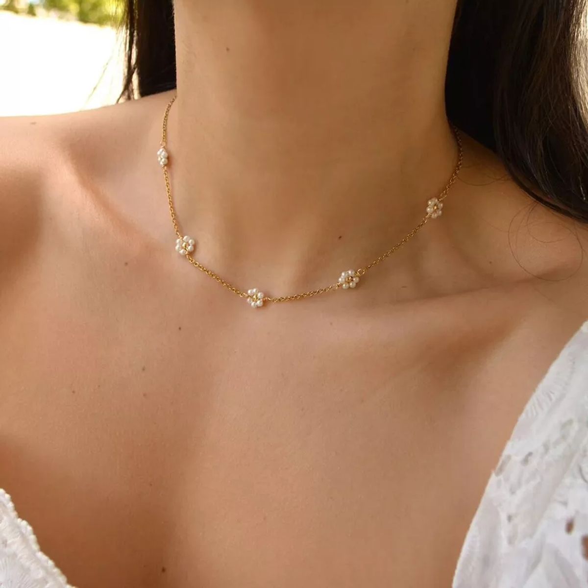 LUXURYJOYAS - Collar Perlas Flor Margaritas Juvenil Baño Oro 18kt