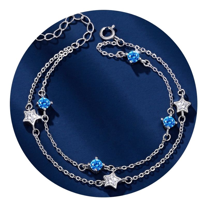 ZG JOYAS - Pulsera Plata 925 Ajustable Doble Capa Estrellas y Circón