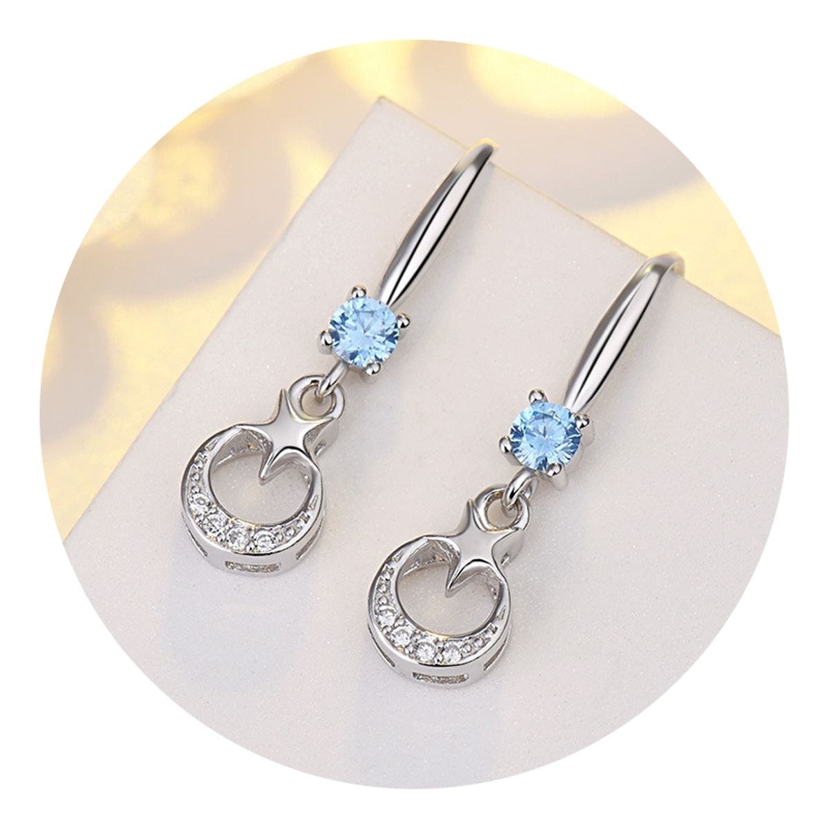 ZG JOYAS - Aros Pendientes Plata Esterlina 925 Baño Oro Blanco 18k Circón Azul