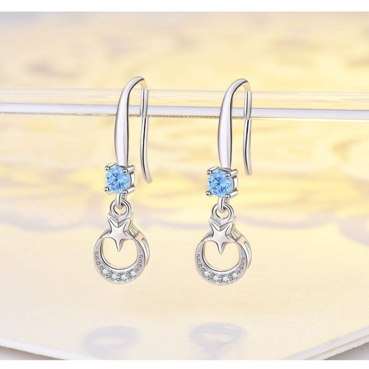 ZG JOYAS - Aros Pendientes Plata Esterlina 925 Baño Oro Blanco 18k Circón Azul