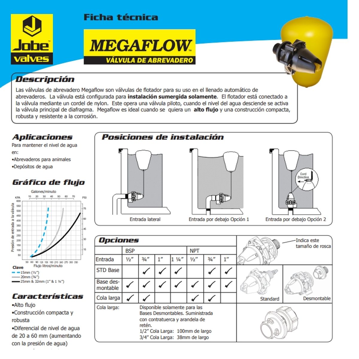 JOBE - Válvula con flotador JOBE Megaflow 20mm DETACH clarga