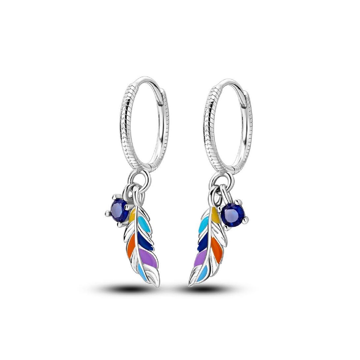 SILVER HEART - Aros Argolla Plumas Coloridas en Plata Fina 925 SILVER HEART