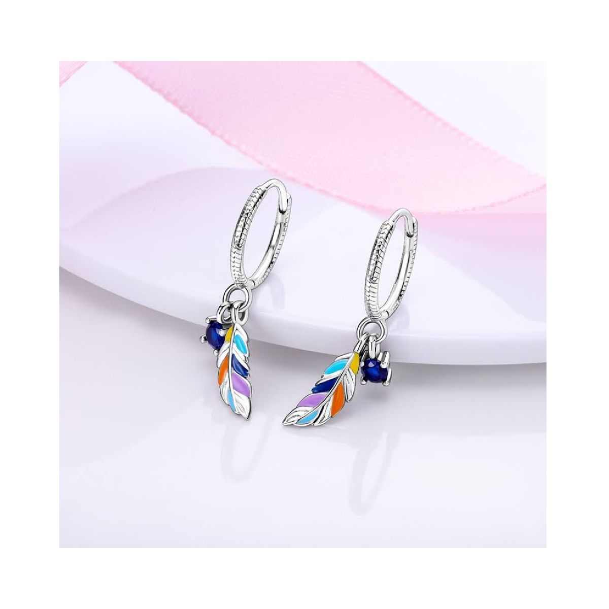 SILVER HEART - Aros Argolla Plumas Coloridas en Plata Fina 925 SILVER HEART