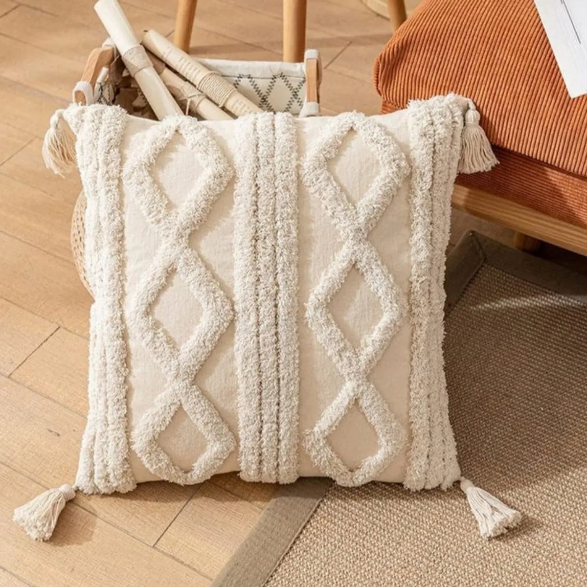 GENERICO - Funda de cojín bohemia crema con azul - Pack dos