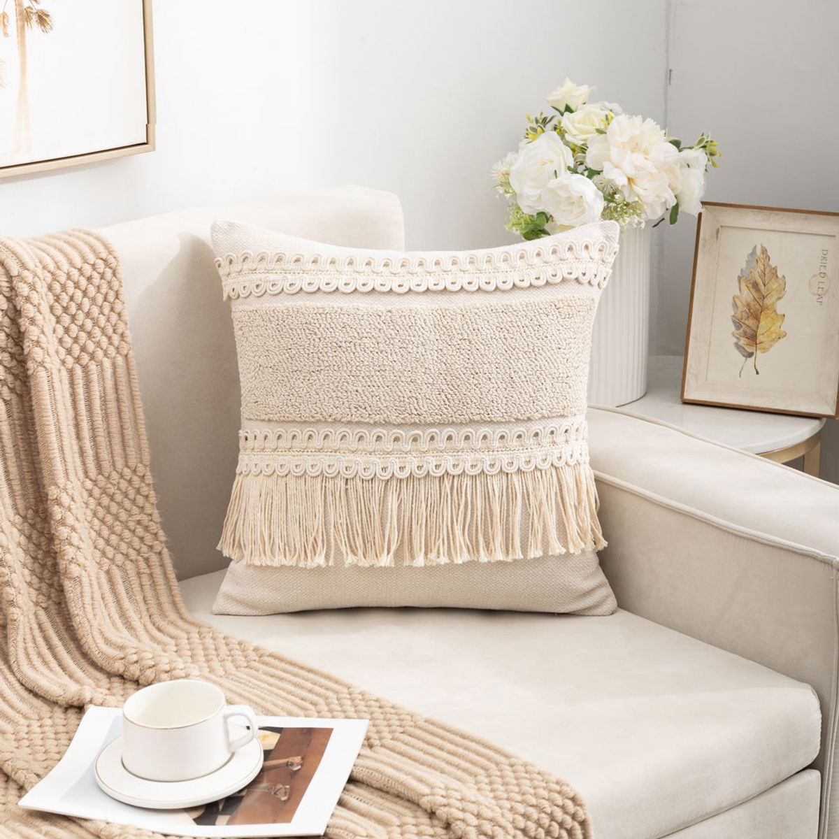 GENERICO - Funda de cojín boho con borlas crema flecos - Pack dos