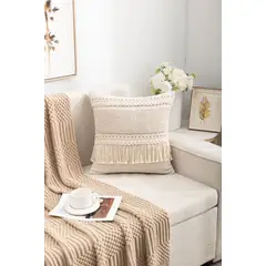 GENERICO - Funda de cojín boho con borlas crema flecos - Pack dos