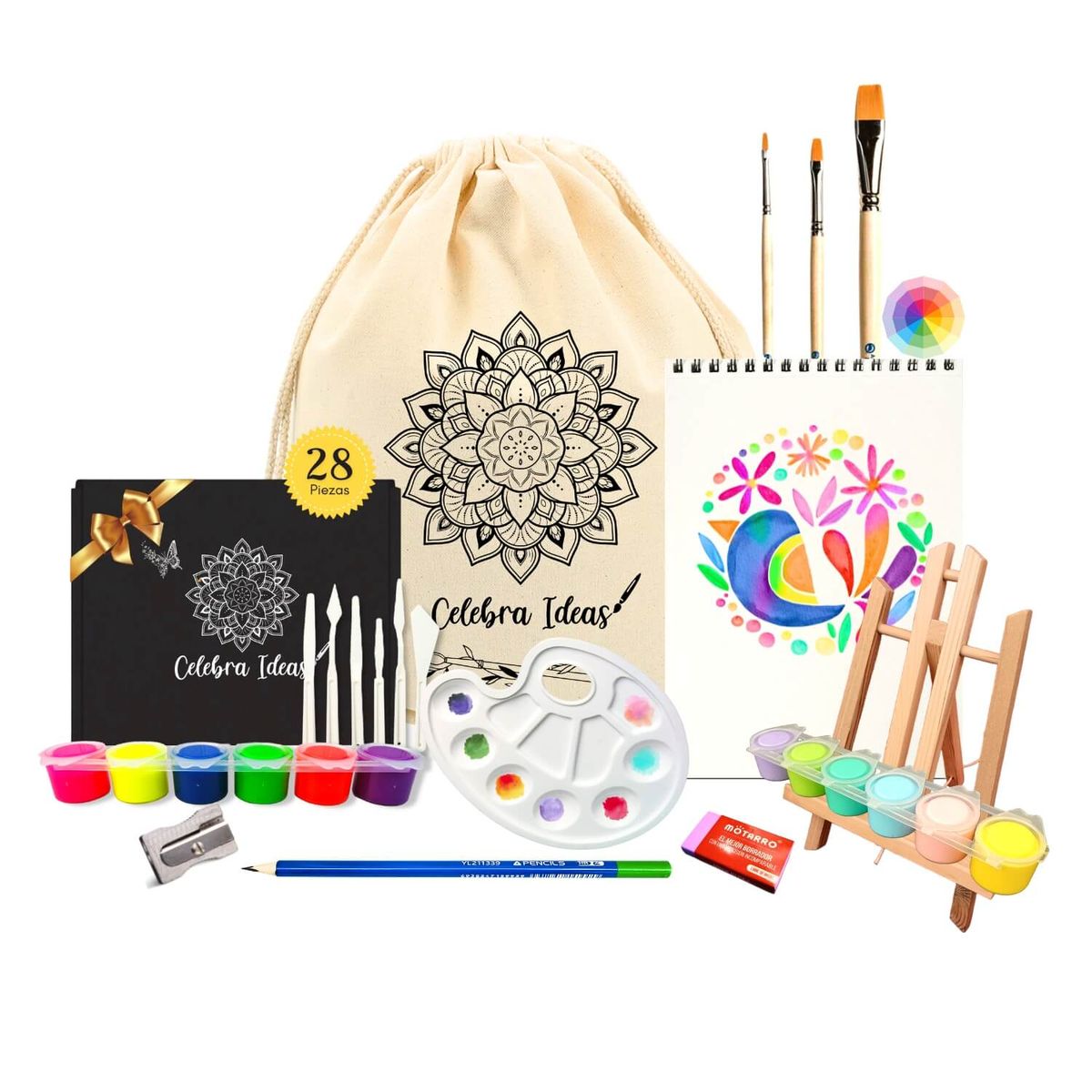 CELEBRA IDEAS - Set de Arte Pinturas Témperas Flúor y Tonos Pastel con Atril