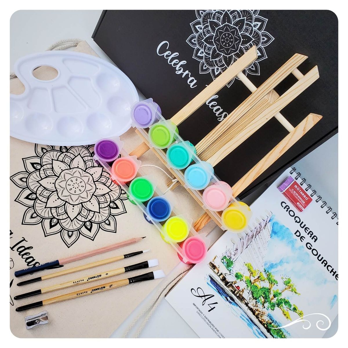 CELEBRA IDEAS - Set de Arte Pinturas Témperas Flúor y Tonos Pastel con Atril