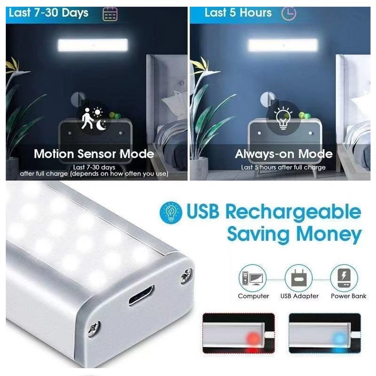 Barra Luz Led inteligente con sensor de movimiento Recargable 350lm, marca GENERICO - Foto 2