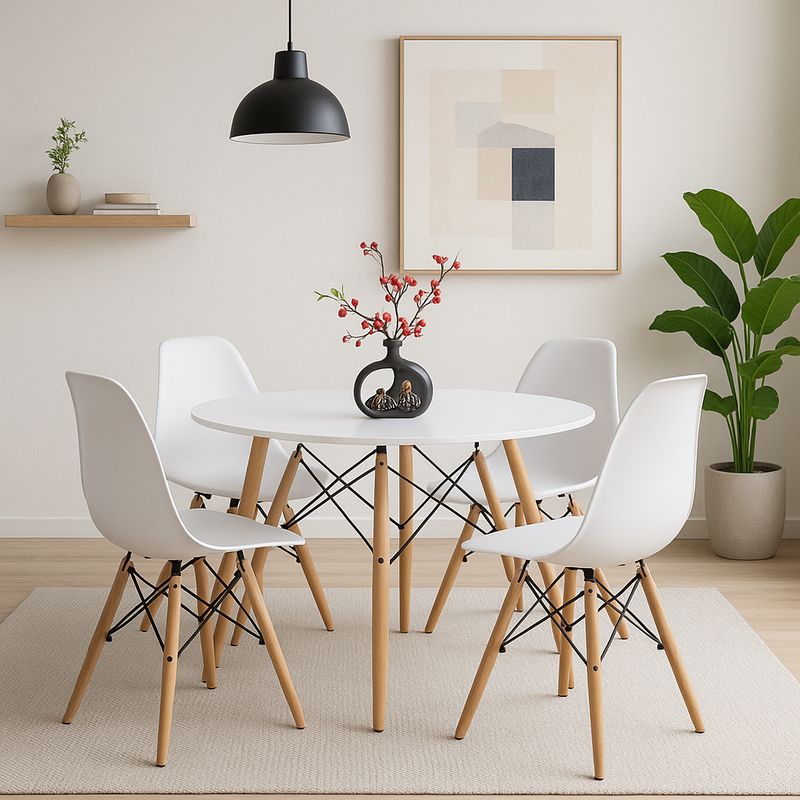 GENERICO - Juego de Comedor eames Redondo 4 sillas Blanco 80 cm