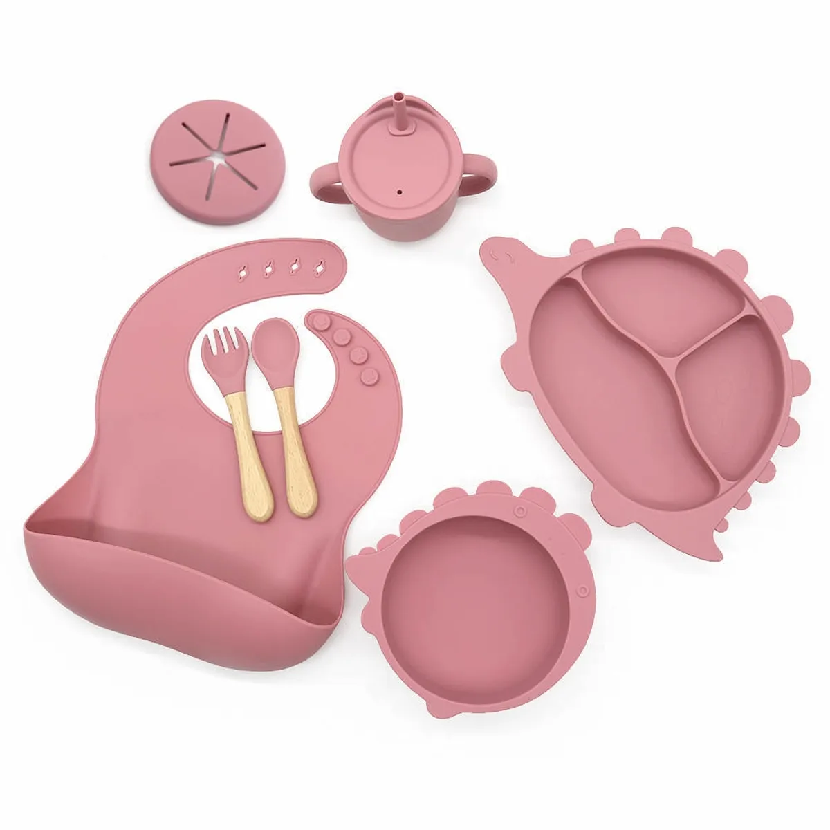 GENERICO - Set alimentación complementaria silicona dino rosa oscuro