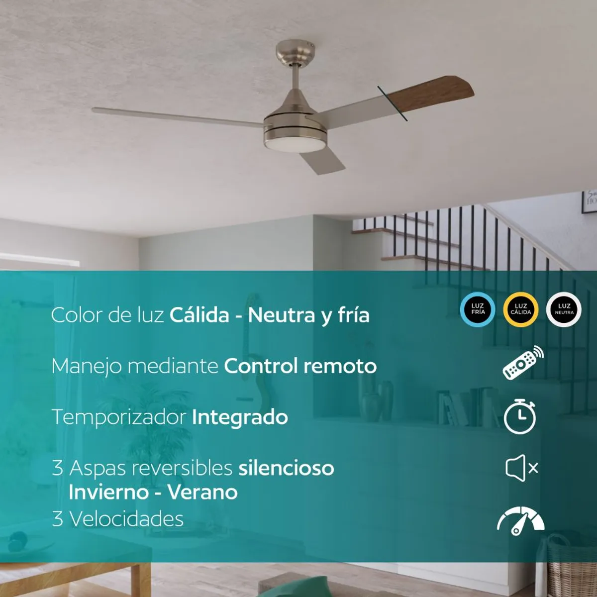 EGLO - Ventilador de techo luz led regulable control remoto invierno verano aspas reversibles