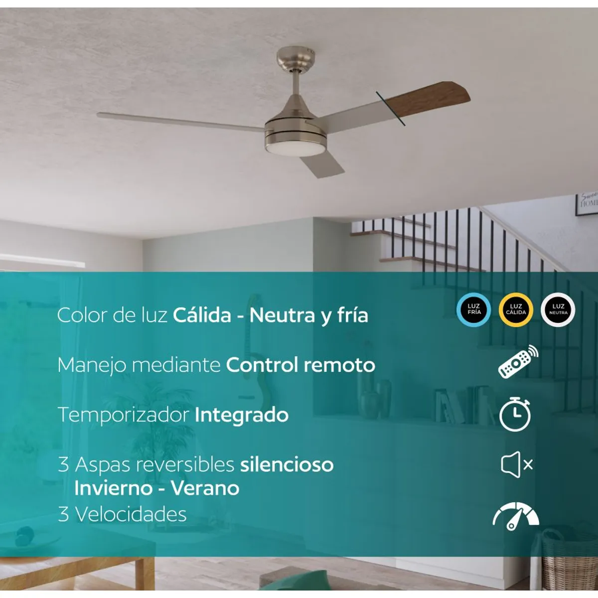 EGLO - Ventilador de techo luz led regulable control remoto invierno verano aspas reversibles