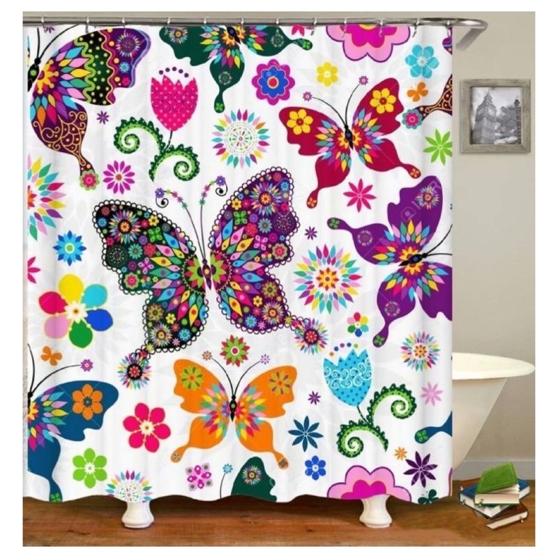 GENERICO - CORTINA DE BAÑO GENERO 600 G IMPERMEABLE CON DISEÑO DE MARIPOSAS