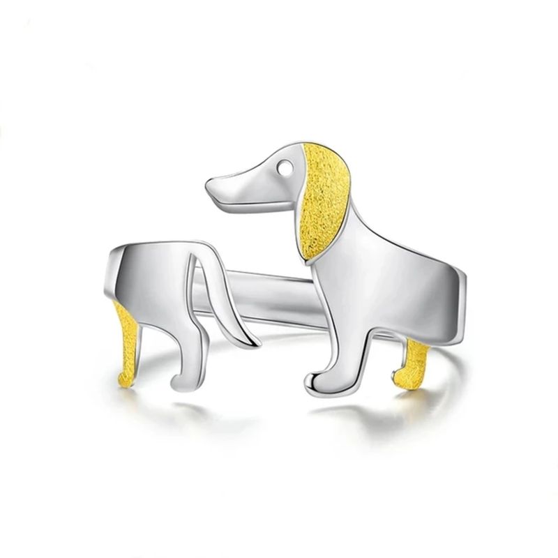 GENERICO - Anillo perro salchicha dachshund plata 925 ajustable mujer joya