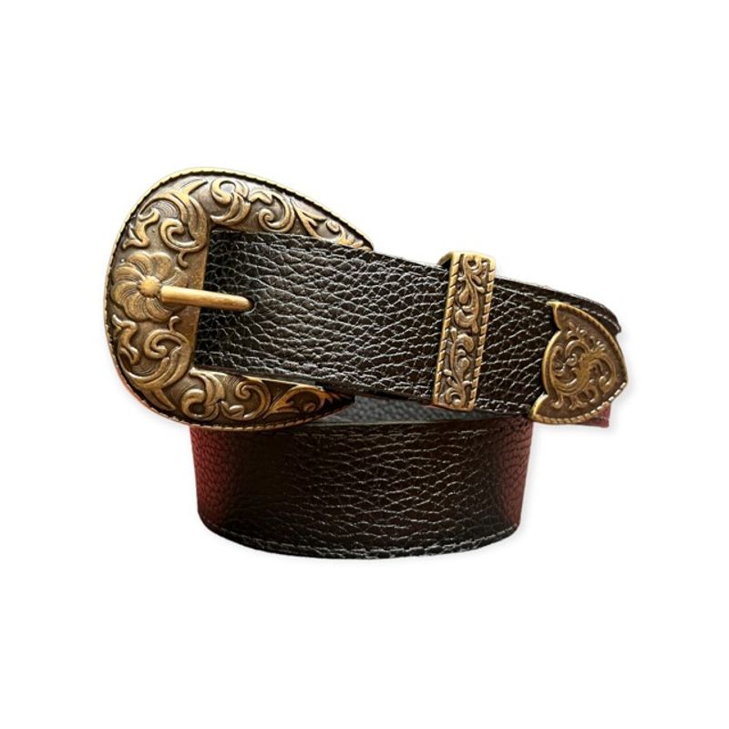 STYLO URBANO BY HJ - CINTURON CUERO NEGRO HEBILLA FLORES BRONCE.-