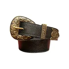 STYLO URBANO BY HJ - CINTURON CUERO NEGRO HEBILLA FLORES BRONCE