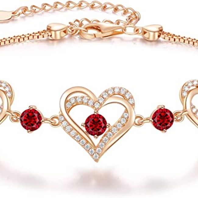 LUXURYJOYAS - Pulsera Brazalete Corazones Plata Fina Cristal Rojo Rubí