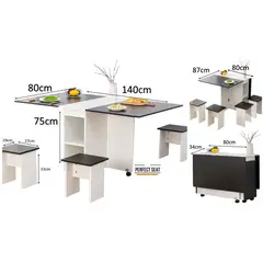 PERFECT SEAT - Comedor plegable multiuso + 4 taburetes Blanco/Negro
