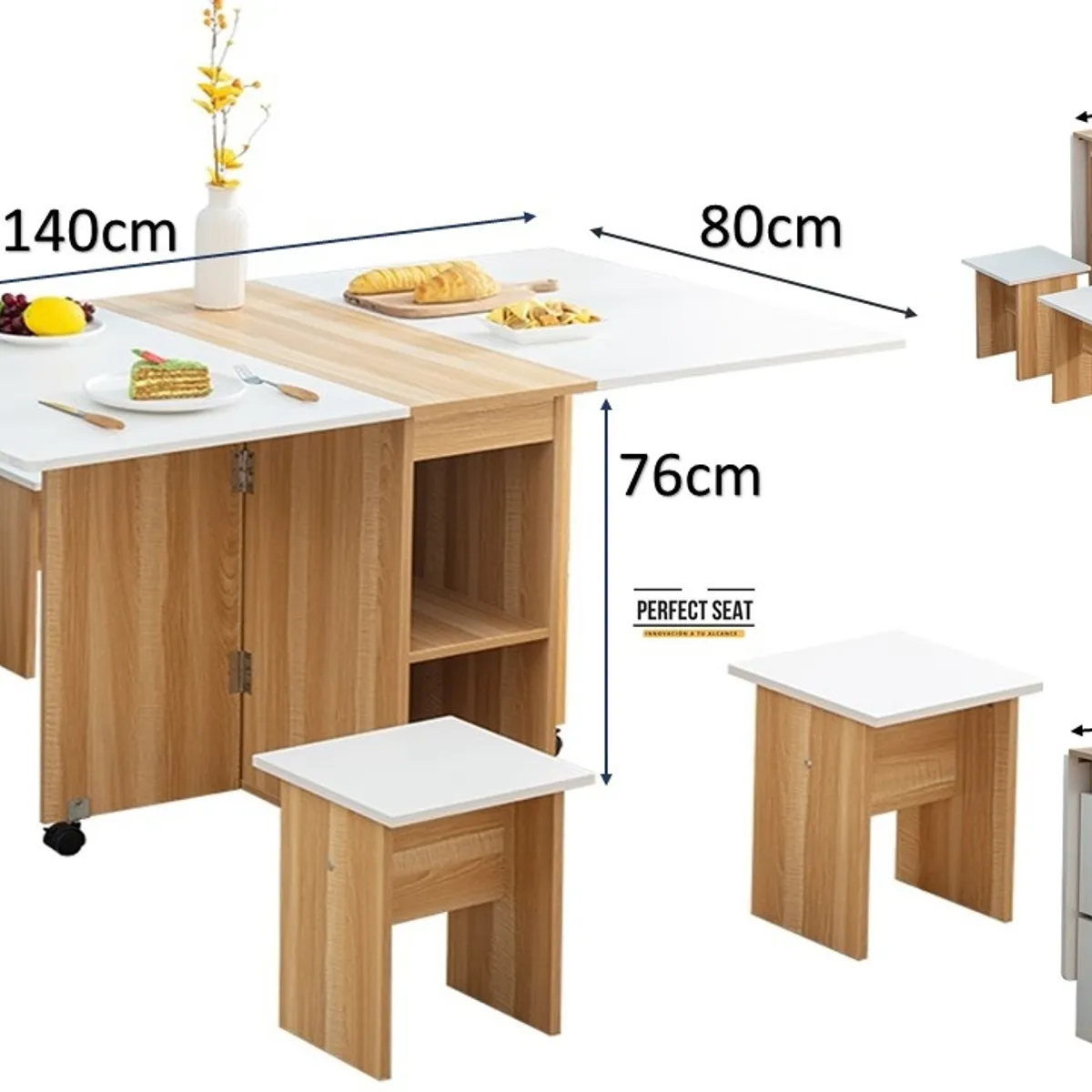 PERFECT SEAT - COMEDOR PLEGABLE MULTIUSO + 4 TABURETES BAMBÚ/BLANCO
