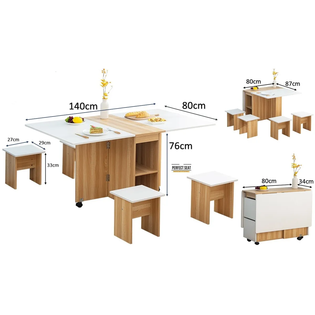 PERFECT SEAT - COMEDOR PLEGABLE MULTIUSO + 4 TABURETES BAMBÚ/BLANCO