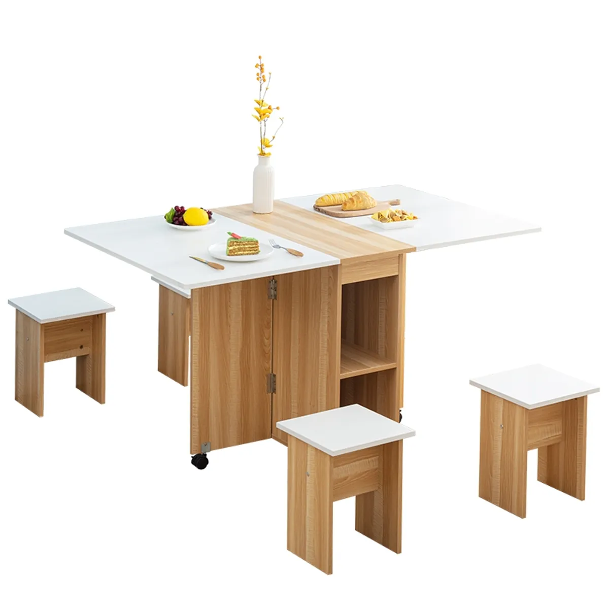 PERFECT SEAT - COMEDOR PLEGABLE MULTIUSO + 4 TABURETES BAMBÚ/BLANCO