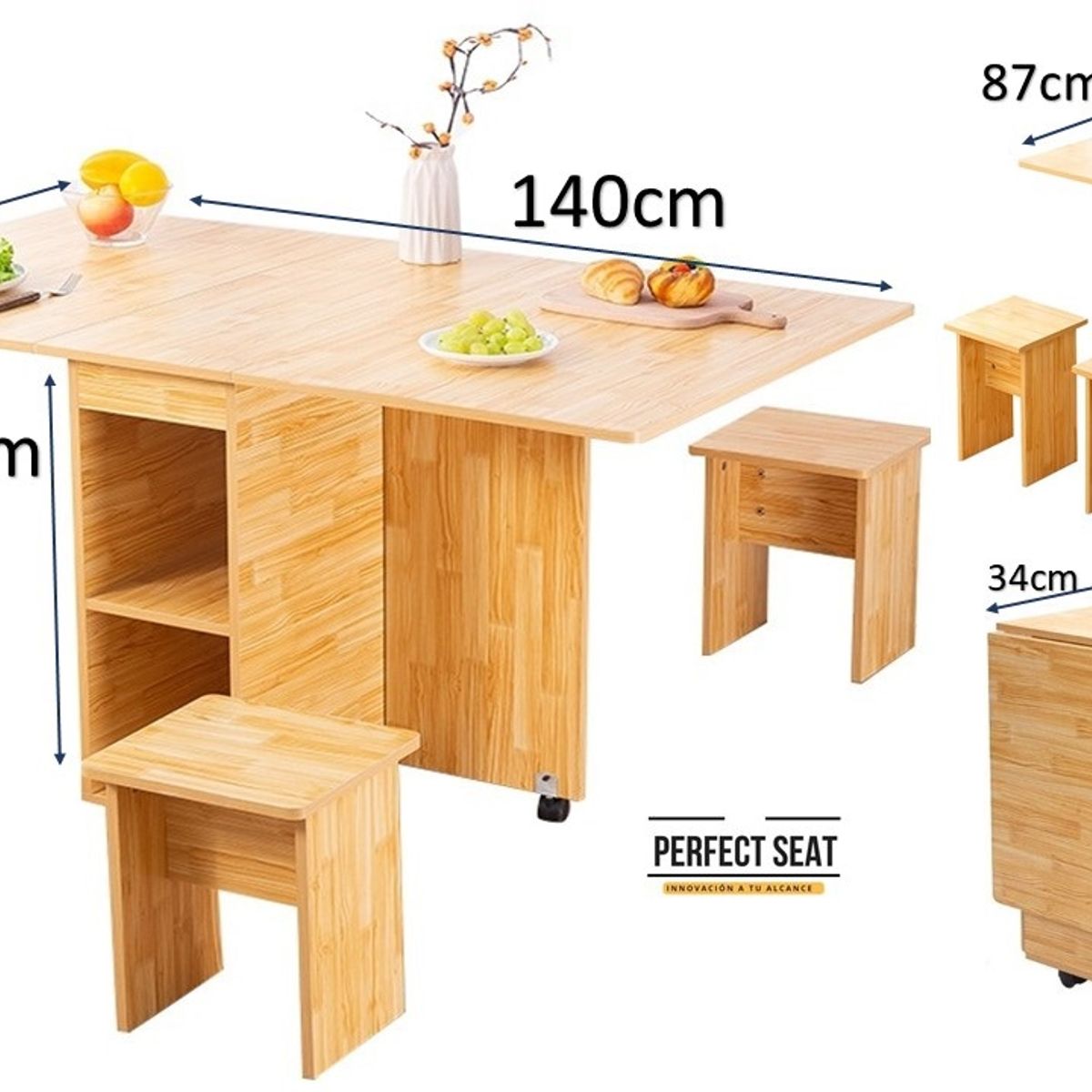 PERFECT SEAT - COMEDOR PLEGABLES MULTIUSO + 4 TABURETES BAMBÚ NATIVO