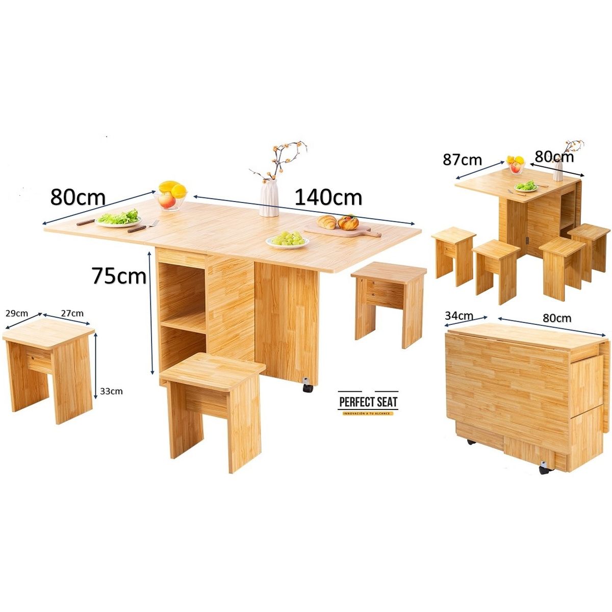 PERFECT SEAT - COMEDOR PLEGABLES MULTIUSO + 4 TABURETES BAMBÚ NATIVO