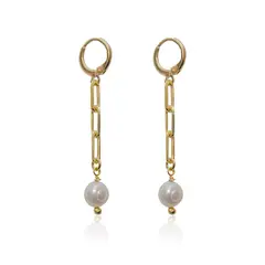 TULIPA - Aros Argollas Cadena Bañadas En Oro Perlas Naturales