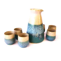 BRIGITTE LAHSEN - Set Pisco Sour Turquesa. Incluye un jarro y 6 seis vasos.