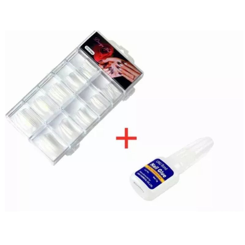 GENERICO - Set 100 Uñas Tips Color Transparente + Pegamento 10g