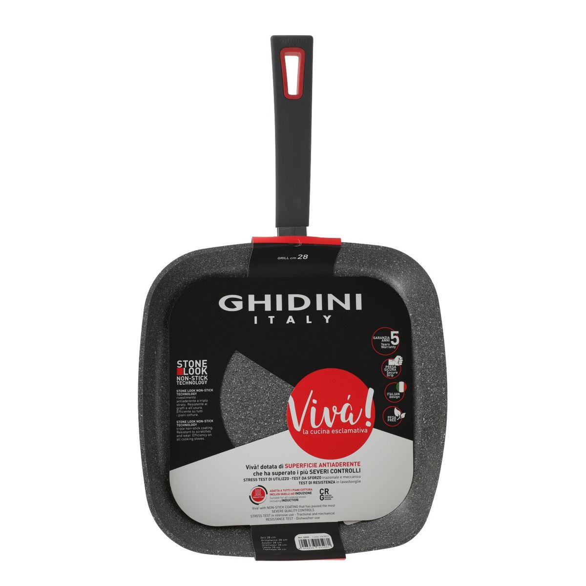 GHIDINI - Sarten Parrilla Cuadrado 28cm Negro Antiadherente Viva