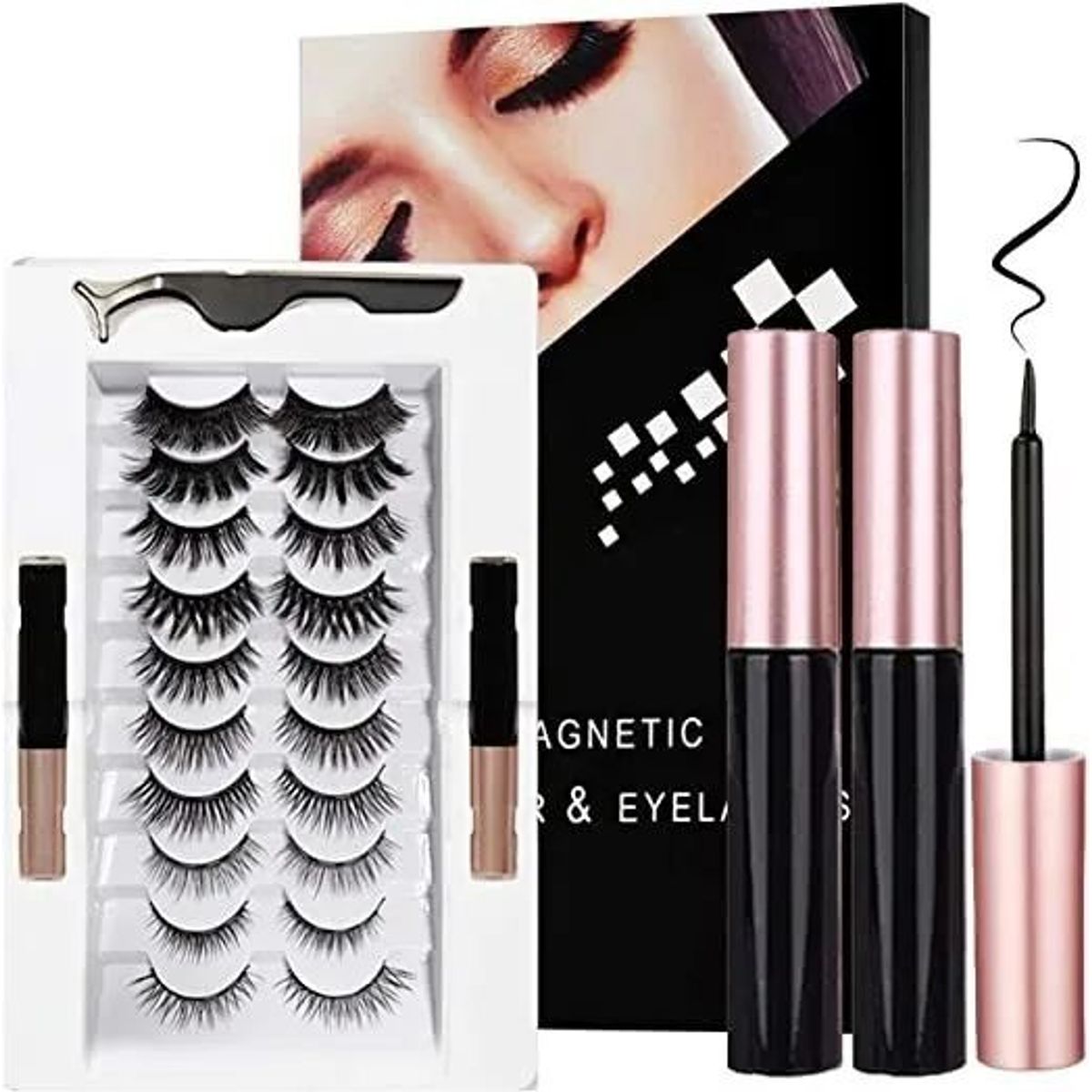 KUANGYE - Kit 20 Pestañas Magnéticas Reutilizables +2 Delineador+pinza
