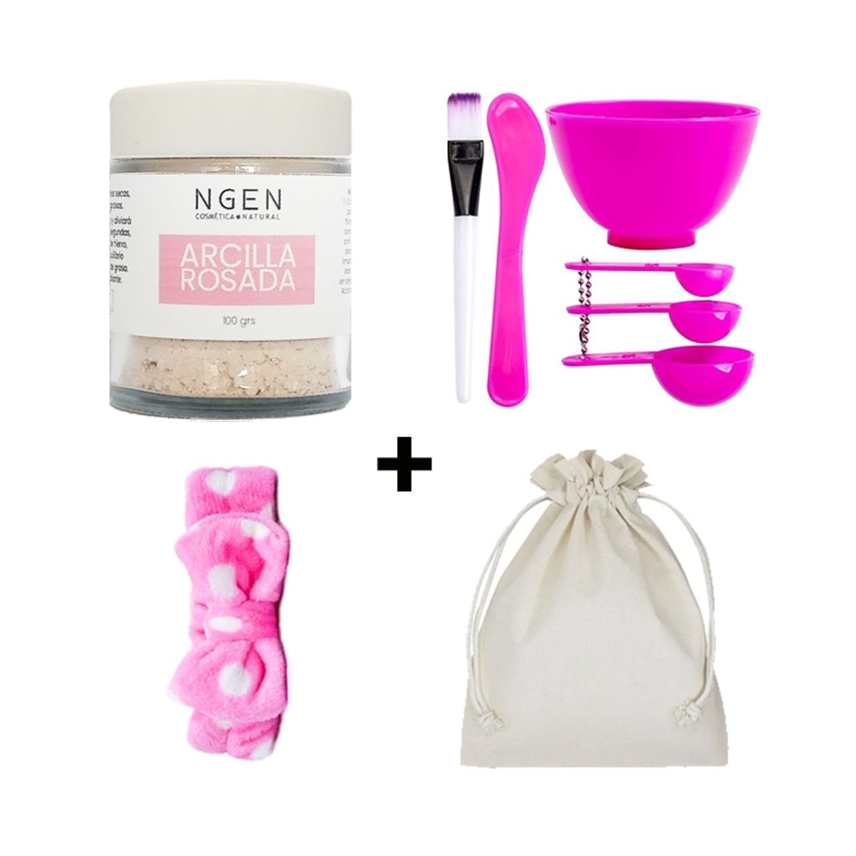 COSMETICA NATURAL NGEN - Set Mascarilla Arcilla Rosada - Bowl - Cintillo y Saquito