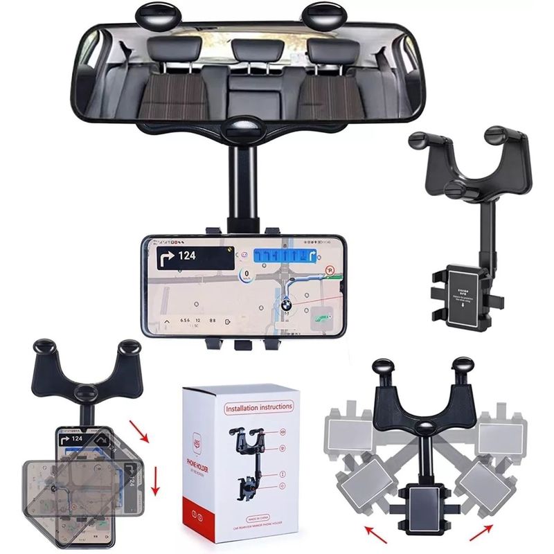 KUANGYE - Soporte Telefono Espejo Retrovisor Auto 360° Retractil Multi