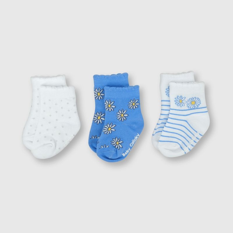 COLLOKY - Calcetin deportivo de bebe niña 3 pack margarita celeste (0 a 2 años)