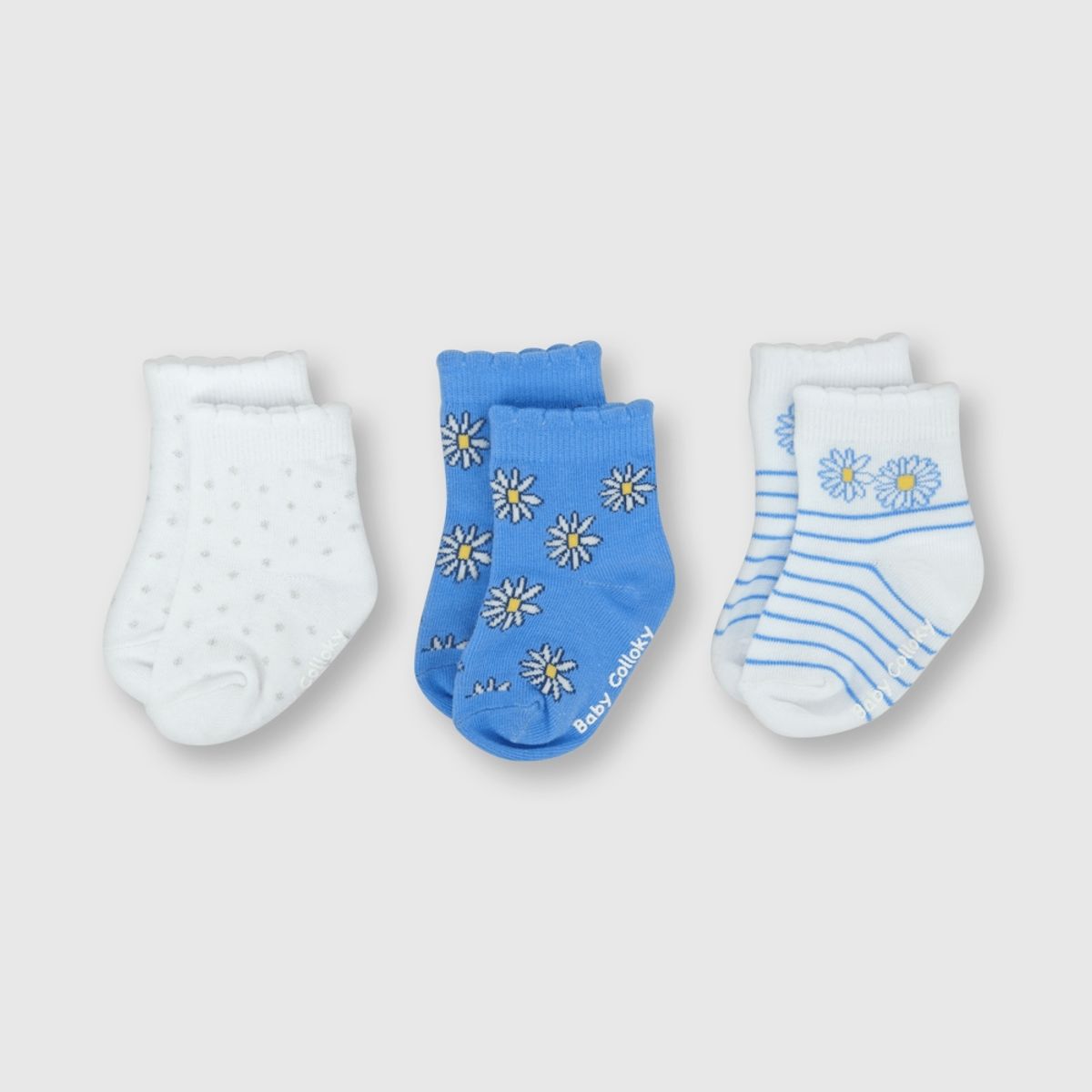 COLLOKY - Calcetin deportivo de bebe niña 3 pack margarita celeste (0 a 2 años)