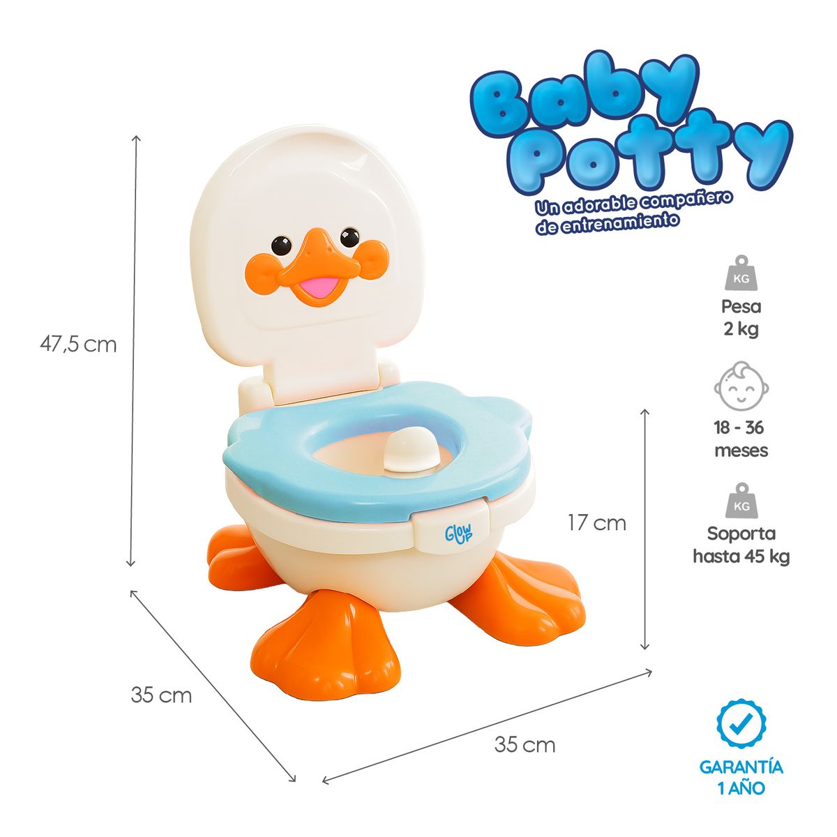 GLOWUP - Pelela Patito Duck Baby Potty 3en1 Celeste 18 a 36 meses