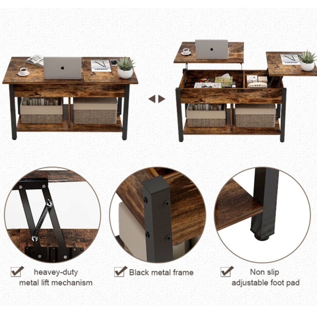 HOMER DESIGN - Mesa De Centro Elevable Para Living 110X49X48cm
