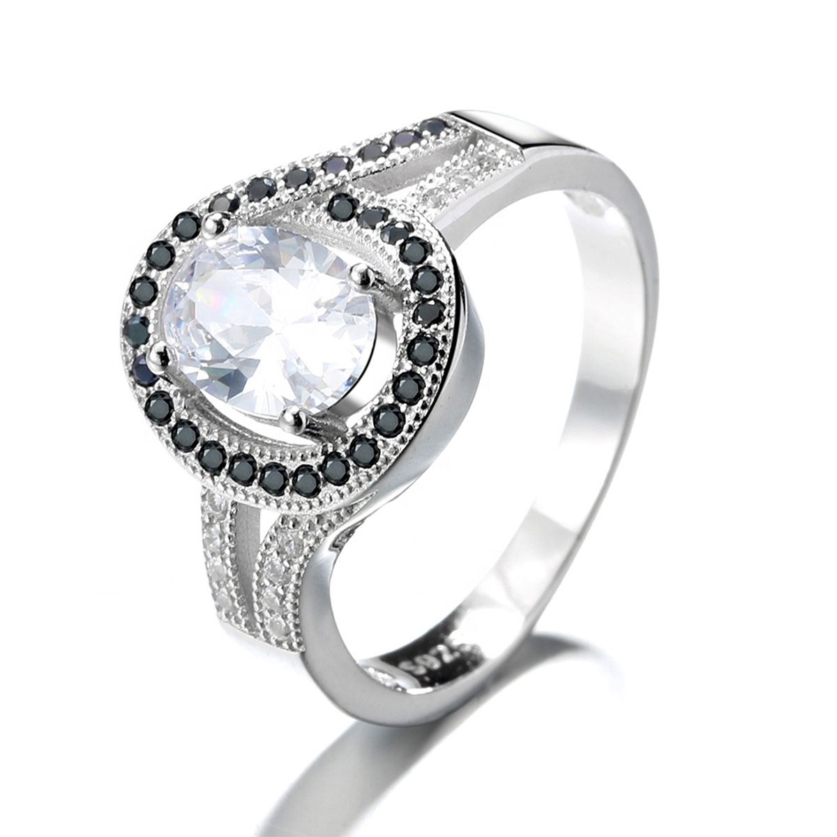 GENERICO - Anillo Plata 925 Mujer Circón Blanco Negro Diseño Moderno Joya