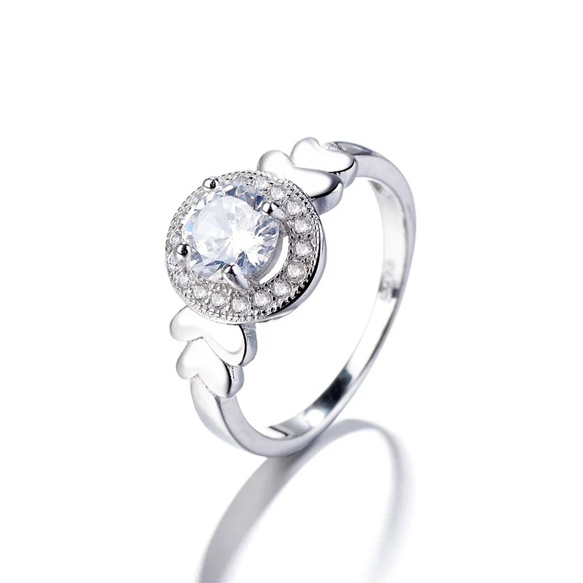 GENERICO - Anillo Plata 925 Mujer Solitario Corazones Circón Compromiso Joya