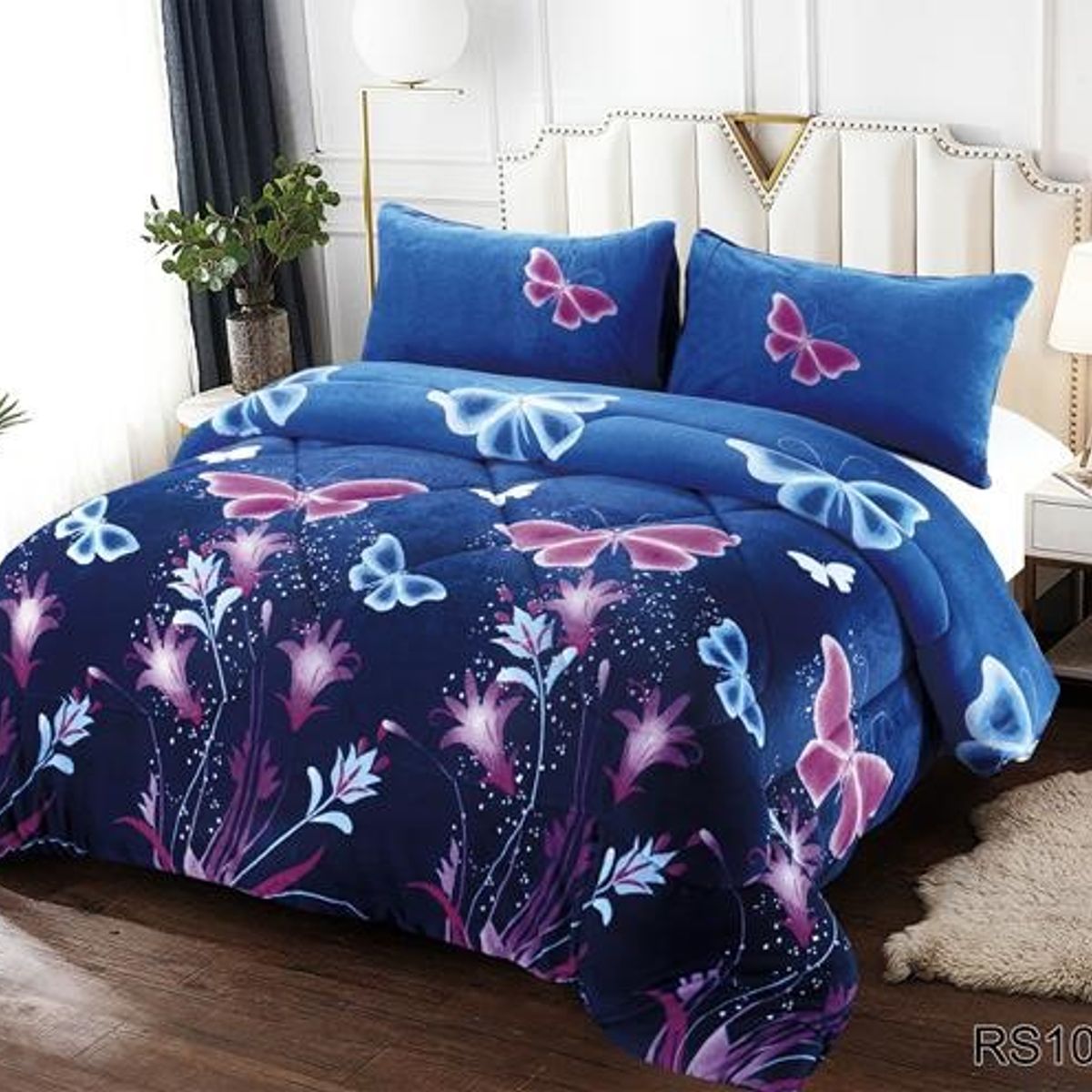 GENERICO - Cobertor de invierno plush y chiporro 2 plazas - Azul Mariposas