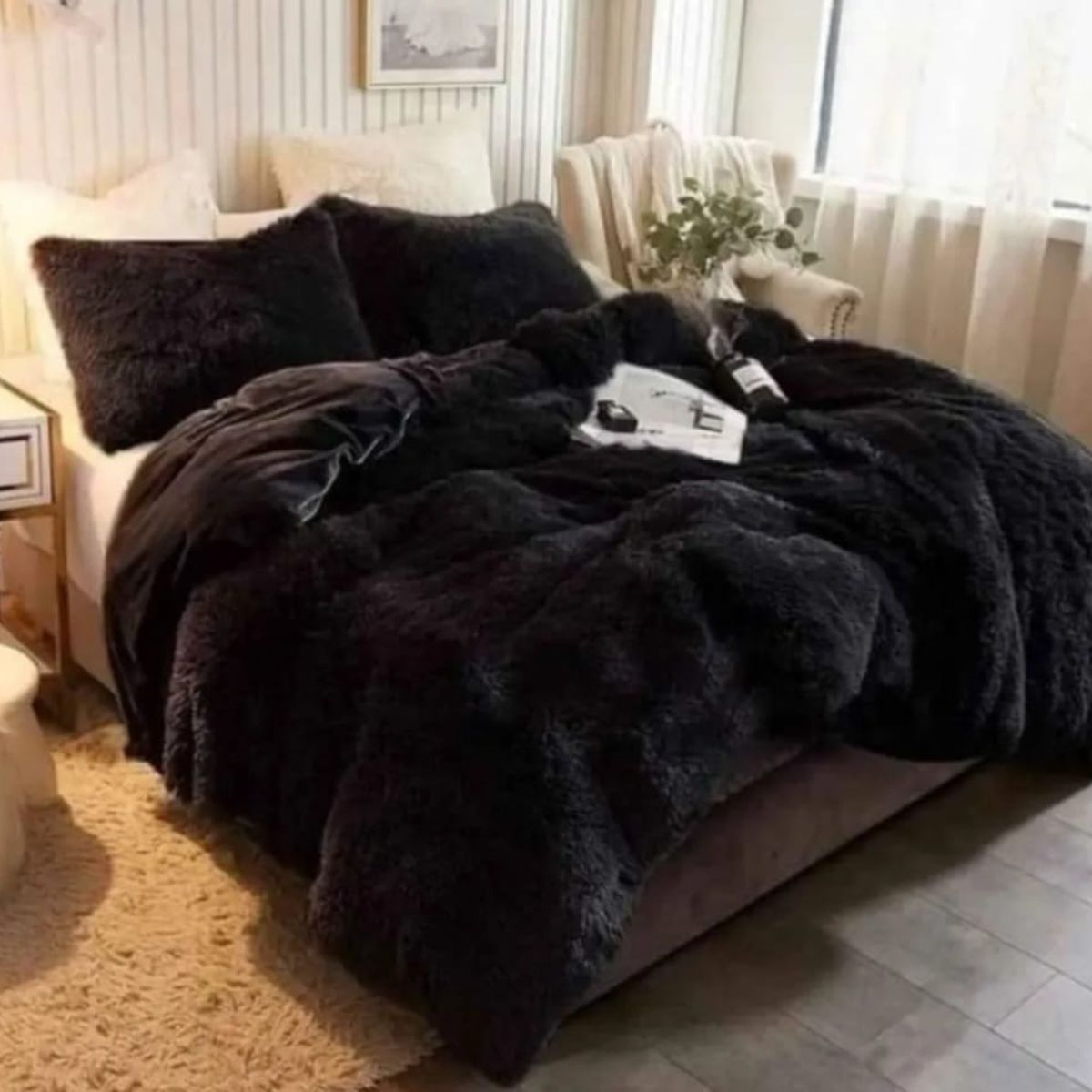 GENERICO - Plumon Cobertor de invierno peludo con chiporro 2 Plazas - Negro